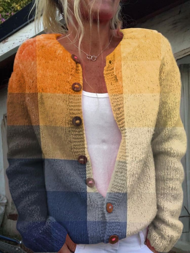 Cardigan Boutonné en Laine Abstract Art avec Motif Vichy Dégradé Orange et Bleu