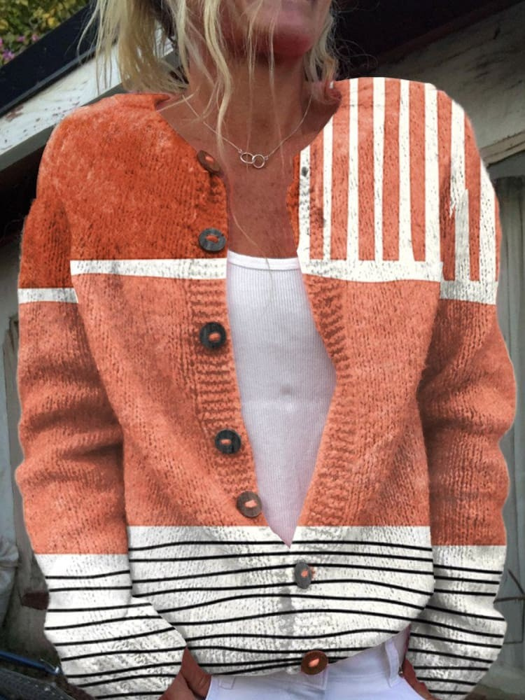 Cardigan Décontracté à Boutons en Imprimé Art Abstrait Rétro