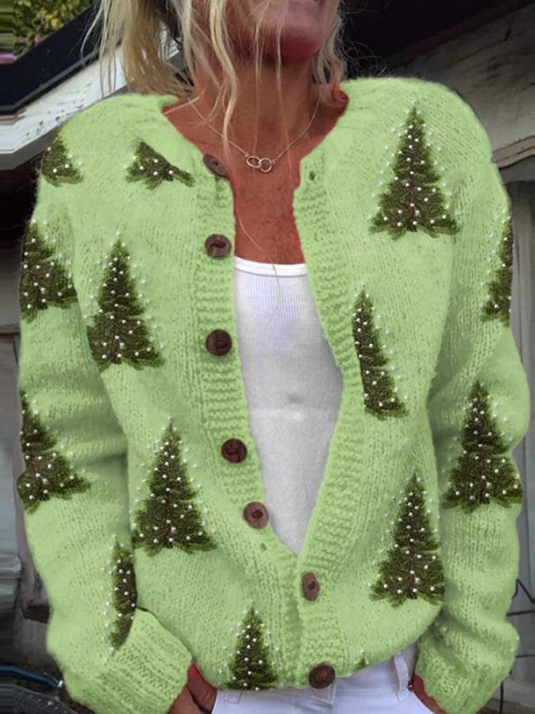 Cardigan en Sweat à Boutons avec Impression d'Arbre de Noël pour Femmes