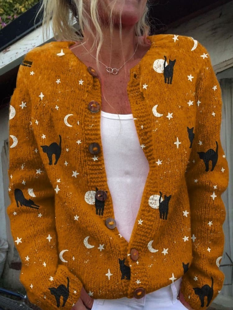 Cardigan Boutonné en Art de Chat Noir d'Halloween