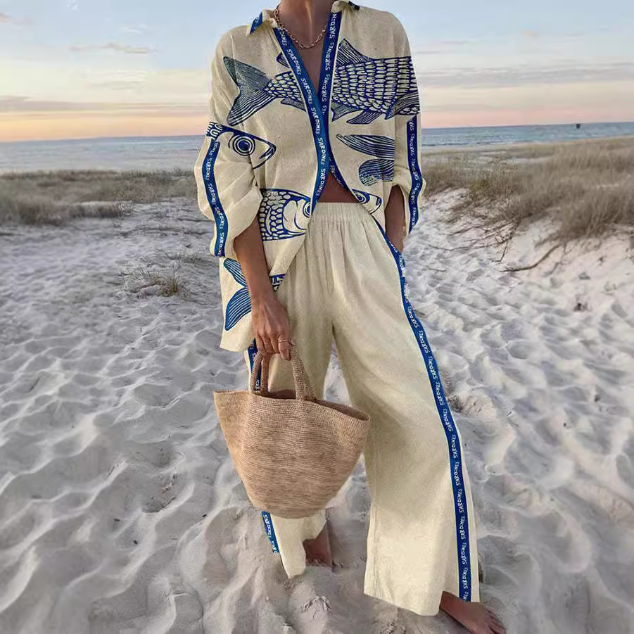 Yazette™ | Ensemble de linge avec impression de poissons bleus