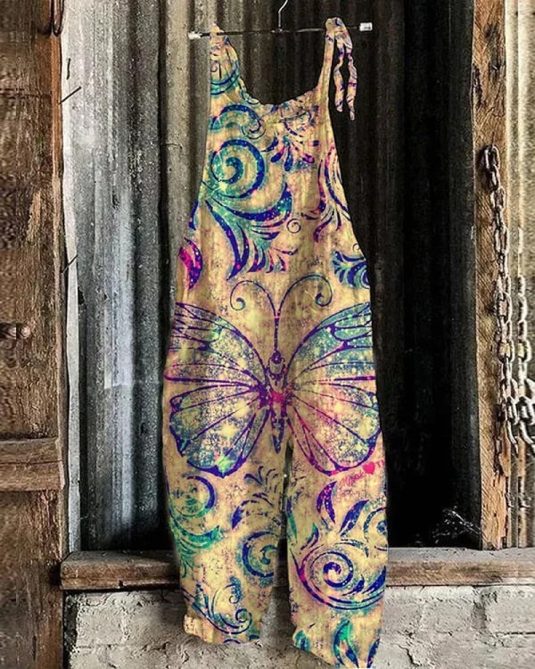 Claire - Pantalon D'été Vintage Femme avec Imprimé Papillon