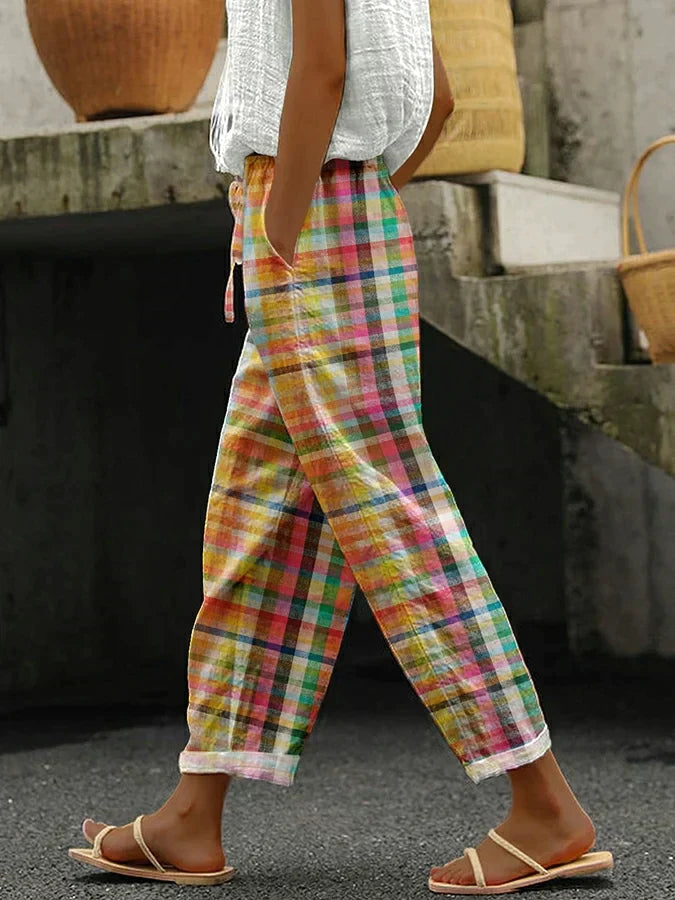 Noëlle | Pantalon à carreaux avec taille élastique et fermeture à nœud