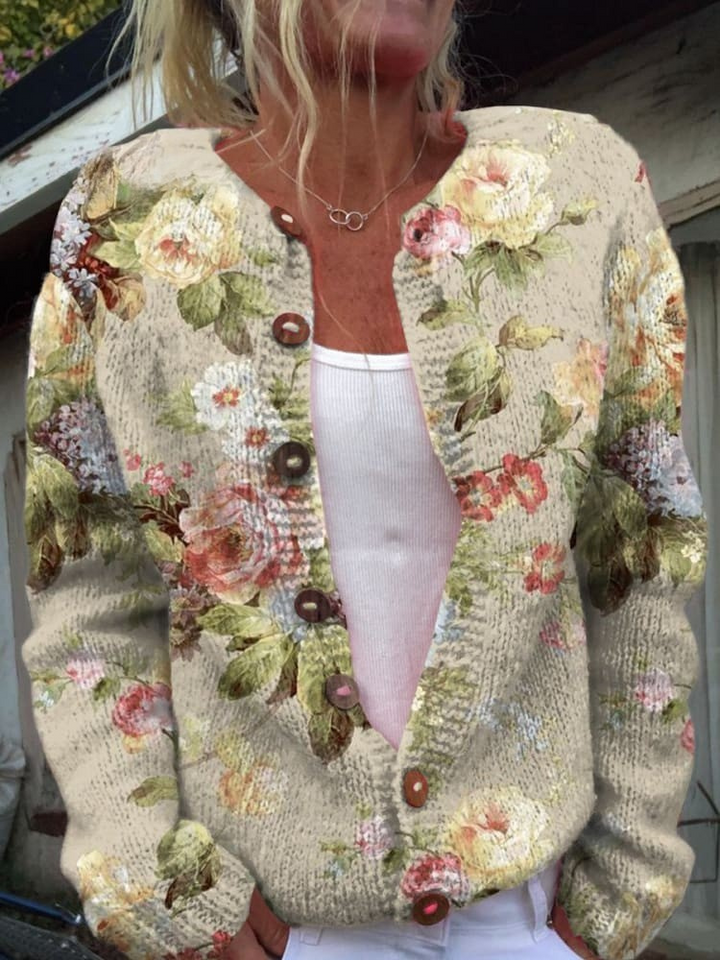 Cardigan à Boutons Imprimé Fleurs Rétro