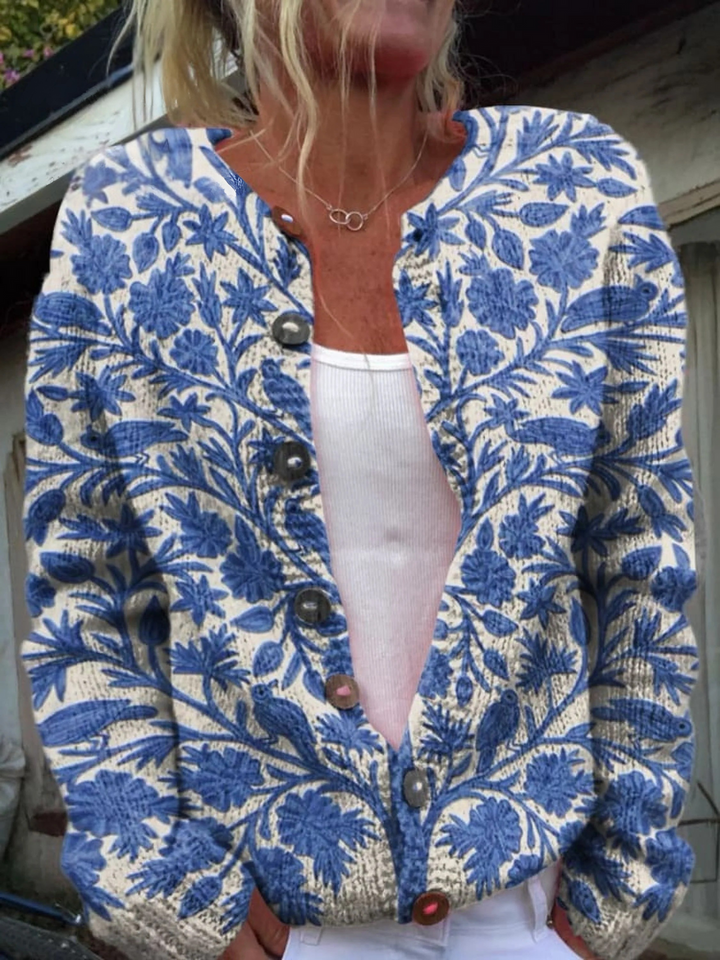 Joli Cardigan en Maille Imprimé à Boutons avec Motif Floral