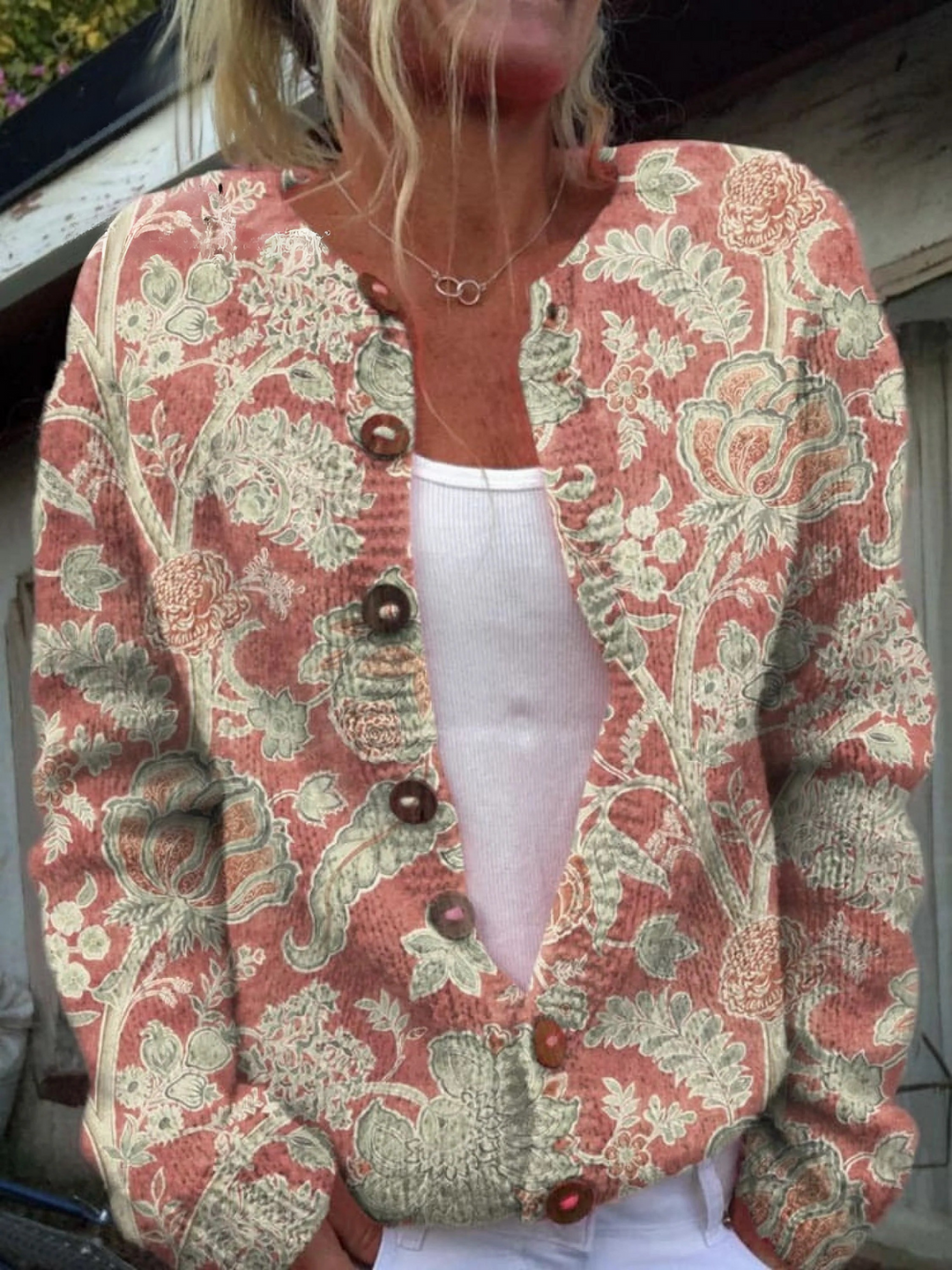 Joli Cardigan en Maille Imprimé à Boutons avec Motif Floral