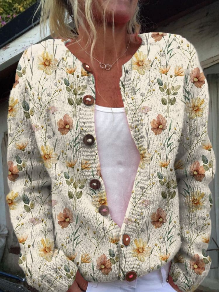 Cardigan en maille imprimé motif floral aquarelle