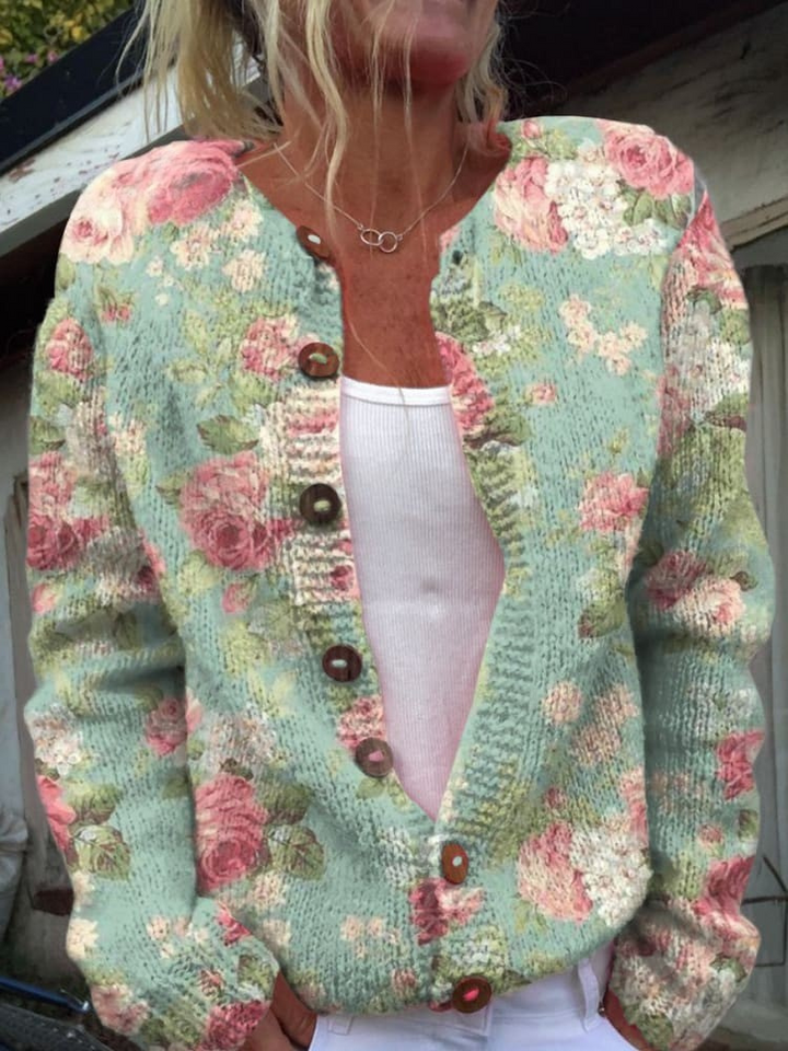 Cardigan en tricot à boutons avec imprimé fleurs rétro frais