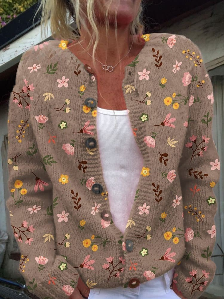 Cardigan Décontracté Boutonné à Imprimé Floral