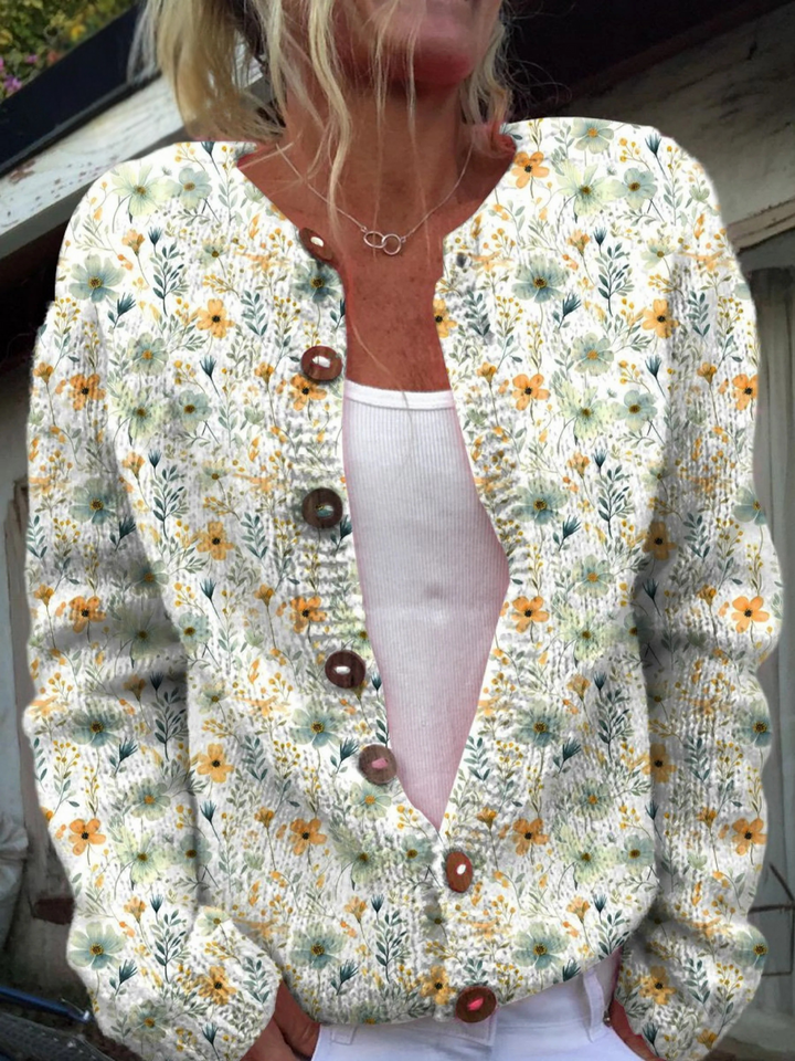 Joli Cardigan en Maille Imprimé à Boutons avec Motif Floral