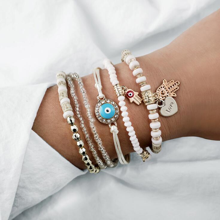 Bracelet bohème œil bleu – perles protectrices multirangs