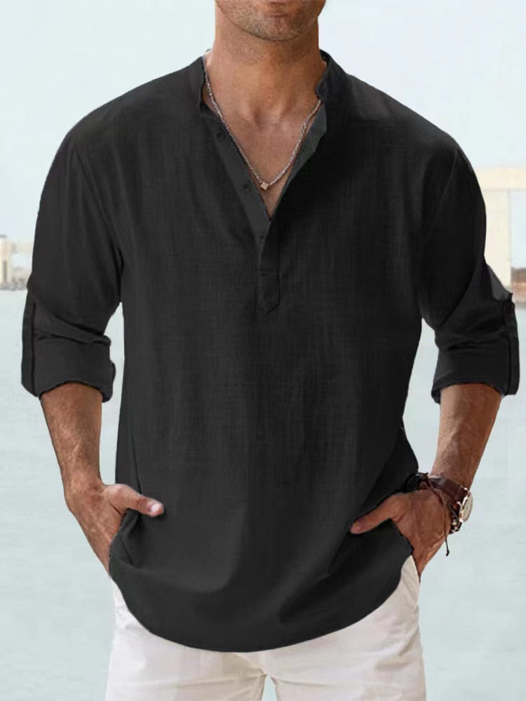 Henri – Chemise col officier en coton-lin