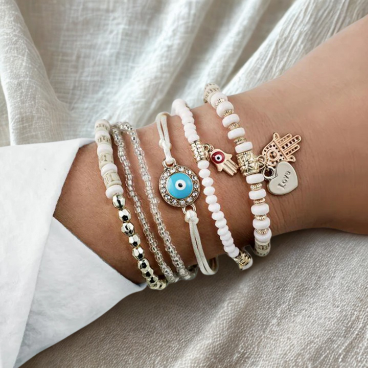Bracelet bohème œil bleu – perles protectrices multirangs