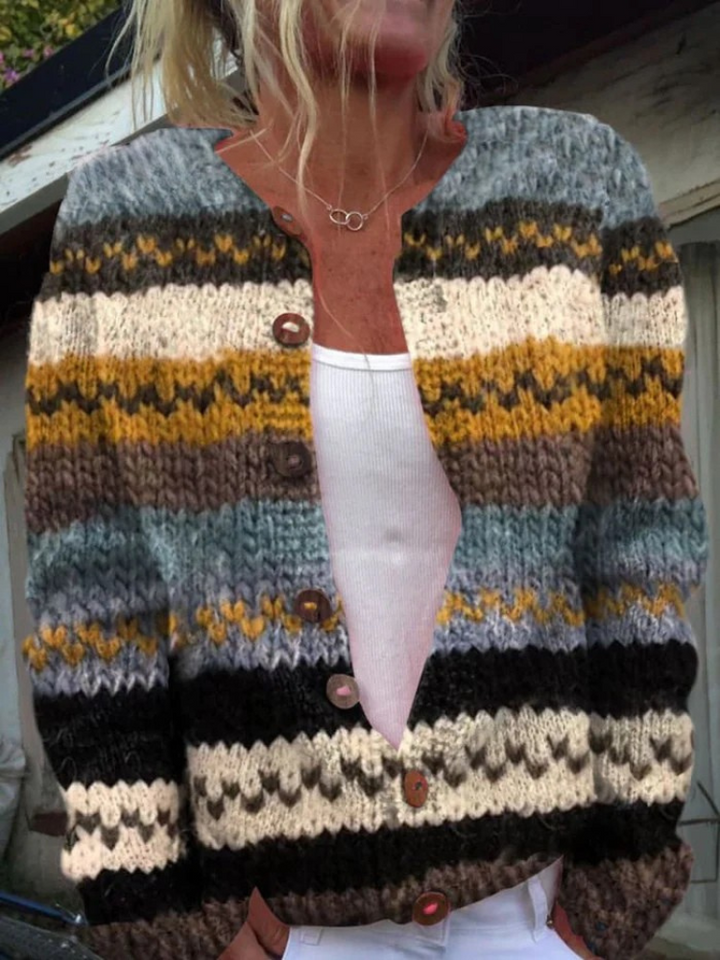Cardigan à Boutons en Tricot à Rayures et Blocs de Couleurs
