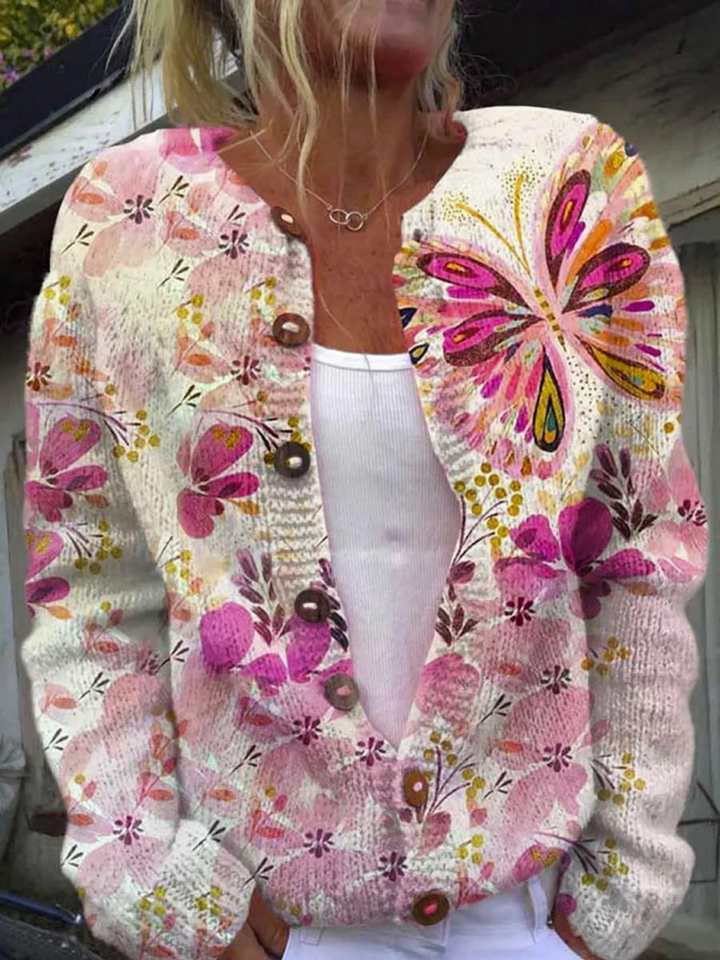 Cardigan Boutonné en Art Floral Papillon pour Femmes