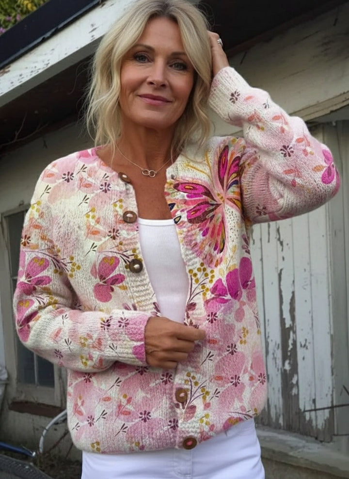 Cardigan Boutonné en Art Floral Papillon pour Femmes