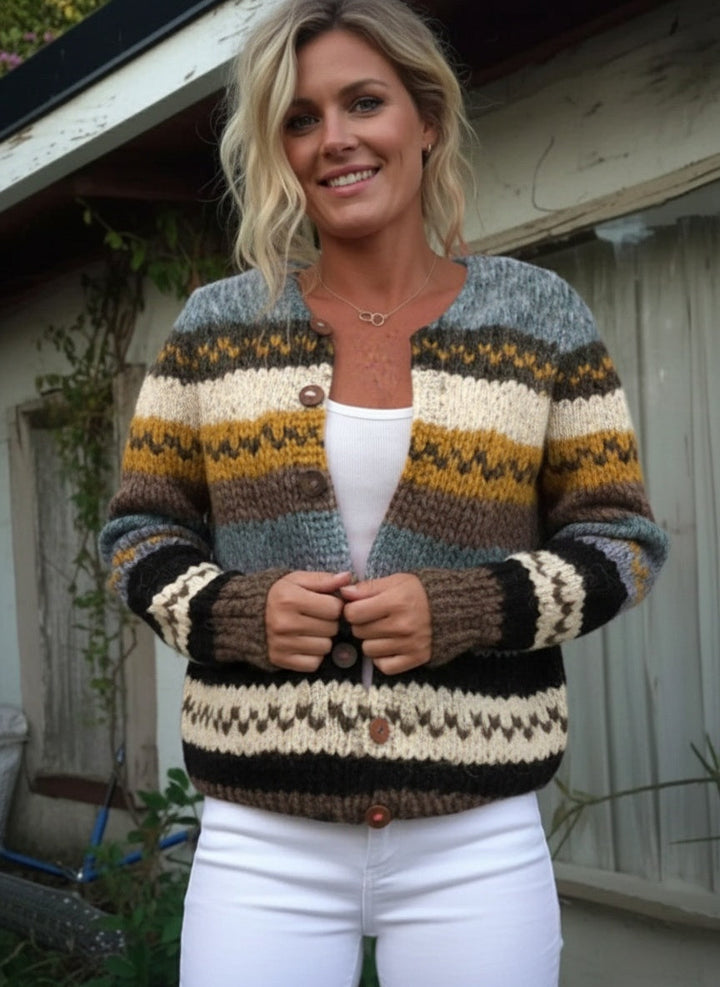 Cardigan à Boutons en Tricot à Rayures et Blocs de Couleurs