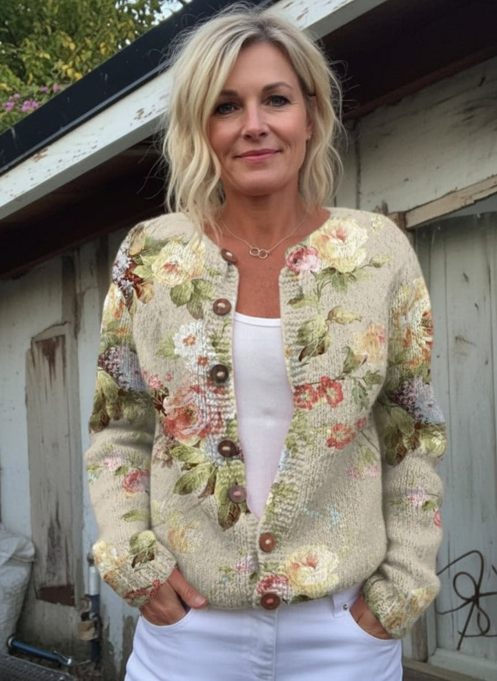 Cardigan à Boutons Imprimé Fleurs Rétro