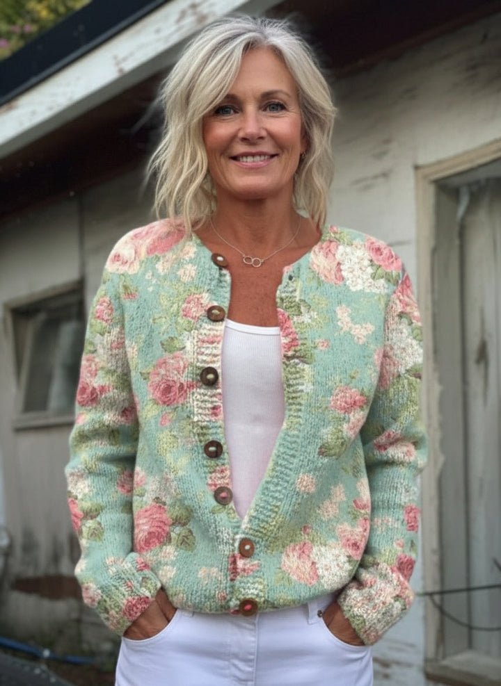 Cardigan en tricot à boutons avec imprimé fleurs rétro frais