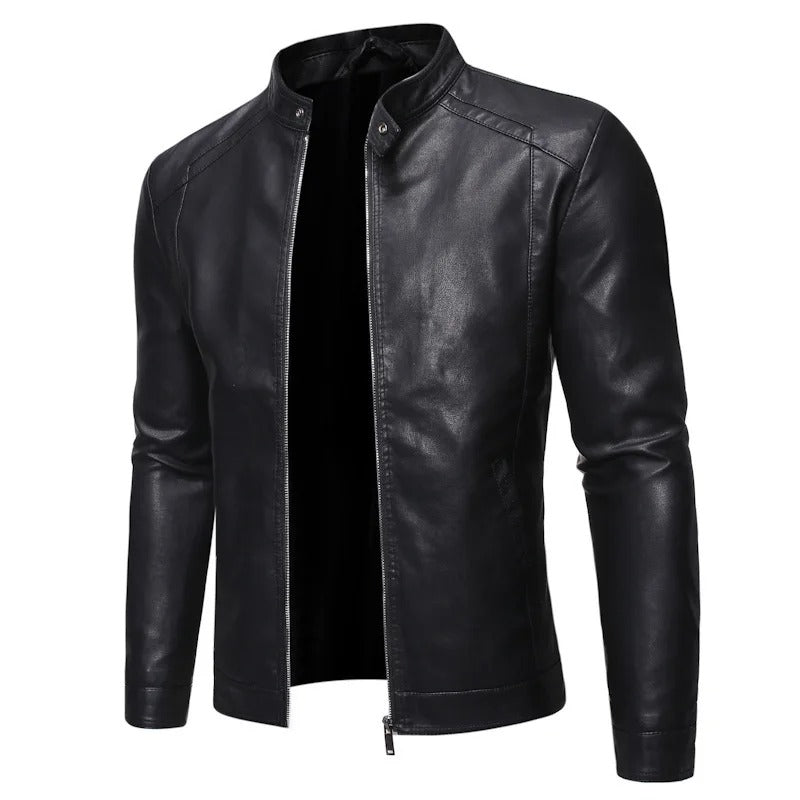 Veste en Cuir à Col Montant